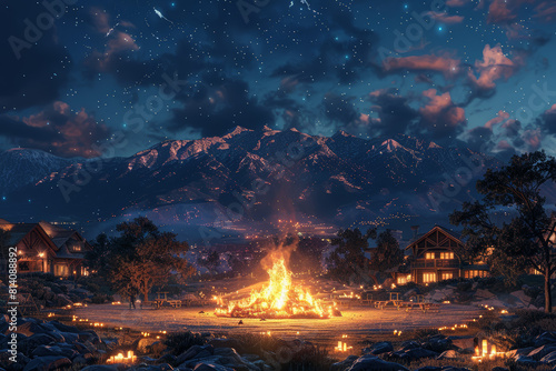 A farewell bonfire held on the school grounds  where students gather to roast marshmallows and share memories under the starry night sky. Concept of bonding and nostalgia. Generative Ai.