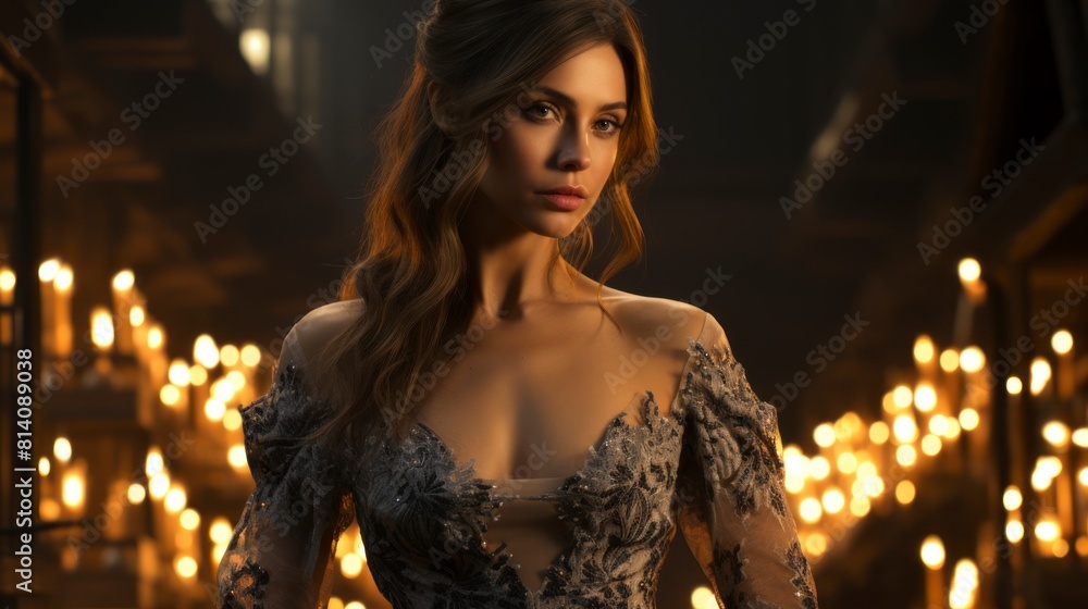 A woman wearing a dress is standing in a dimly lit room surrounded by flickering candles. The room is shrouded in darkness, with only the candlelight providing illumination. A woman wearing a dress is standing in a dimly lit room surrounded by flickering candles. The room is shrouded in darkness, with only the candlelight providing illumination.