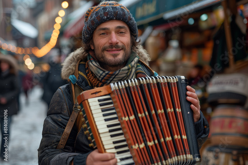 A street performer captivating passersby with their mesmerizing music, drawing a crowd with their talent and charisma. Concept of artistic expression and performance. Generative Ai.