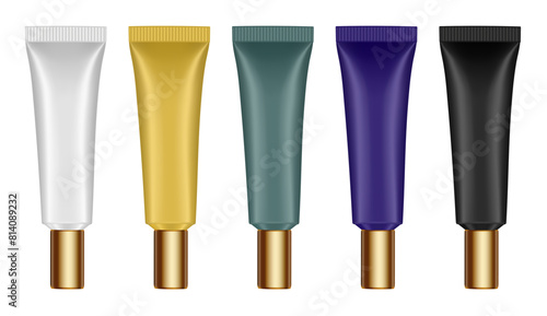 Set of cosmetic tubes with long cap. 3d mockup. Gold, white, green, purple and black colors. Hand cream, mask or lotion. Gold cap	