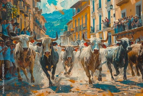 Unidentified men run from bulls in street during San Fermin festival in Pamplona, Spain photo