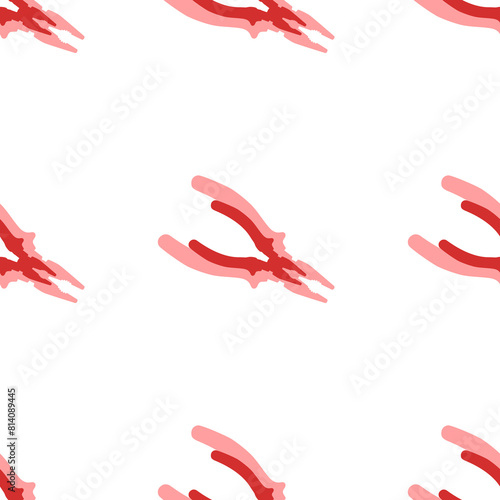 Seamless pattern of large isolated red pliers symbols. The elements are evenly spaced. Illustration on light red background