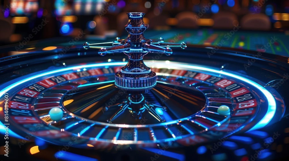 Spinning roulette with a blue light shining on it in a casino, generative ai Spinning roulette with a blue light shining on it in a casino, generative ai