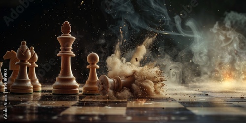 Chess board with pieces in motion  one piece breaking into small particles of dust and smoke.