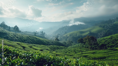Vast lush tea plantations extend far.