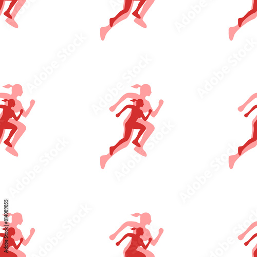 Seamless pattern of large isolated red running woman symbols. The elements are evenly spaced. Illustration on light red background