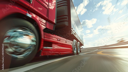 Global logistics: international delivery concept, smart transportation of truck container cargo, import-export industry, with a red semi-truck driving down the road.