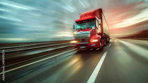 Global logistics: international delivery concept, smart transportation of truck container cargo, import-export industry, with a red semi-truck driving down the road.