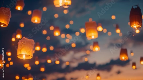 A stunning scene of numerous paper lanterns flying in the sky, Glowing lanterns floating in the sky during an Islamic festival night photo