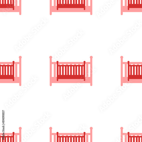 Seamless pattern of large isolated red baby cot symbols. The elements are evenly spaced. Illustration on light red background