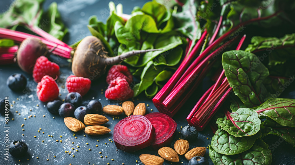 Close-Up Shot of a Composition Featuring Raw Spinach Leaves, Beet Greens, Sliced Beetroot, Rhubarb Stalks, Almonds, and Mixed Berries - Oxalate Awareness Close-Up Shot of a Composition Featuring Raw Spinach Leaves, Beet Greens, Sliced Beetroot, Rhubarb Stalks, Almonds, and Mixed Berries - Oxalate Awareness