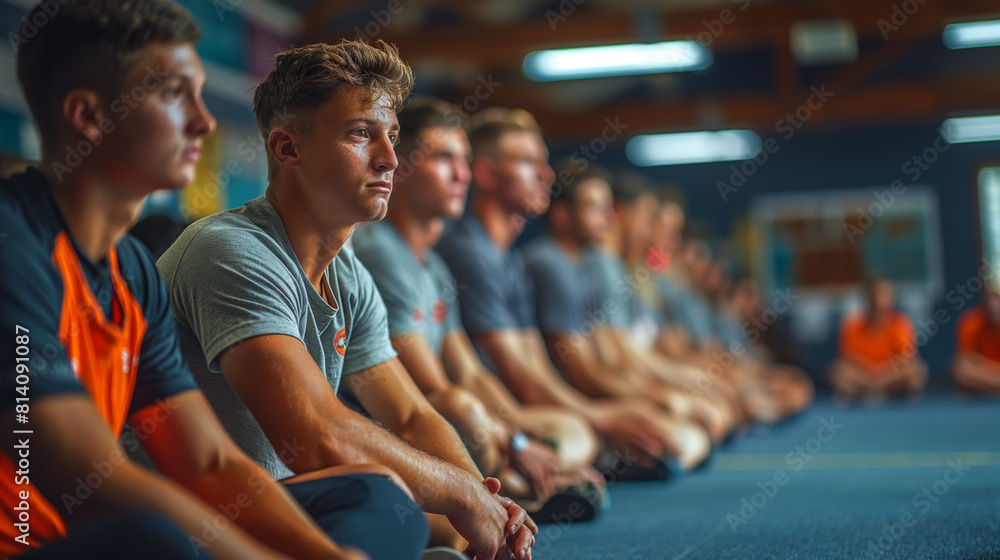 Obraz premium A dramatic photograph capturing the intensity of a sports injury prevention workshop, with coaches and athletes learning proper warm-up techniques, strength training exercises, and