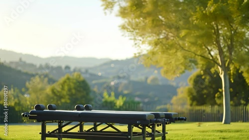 A photo of a park bench situated in the center of a field, offering a place to rest and enjoy the surroundings, Picture an outdoor physical therapy session with a scenic background photo