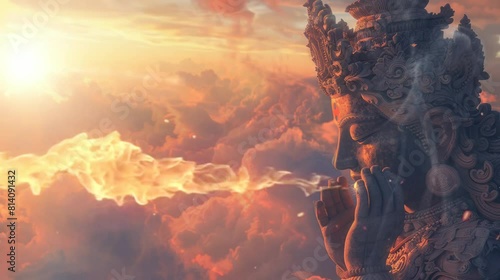 a statue above the clouds that spews fire from its mouth which is very amazing. seamless looping time-lapse virtual 4K  video Animation Background. photo
