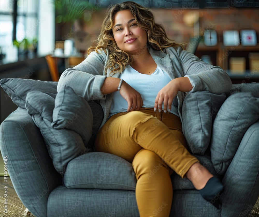 Obraz premium fat woman . office work, sedentary lifestyle, positive thinking