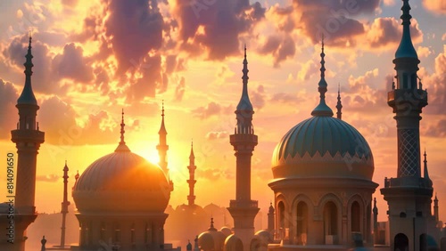 A Majestic Sunset View of a Towering Building With Numerous Spires, Scenic sunset over an architectural landscape of domes and minarets photo
