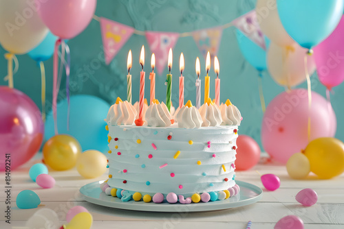 A birthday cake with lit candles on a table surrounded by colorful balloons