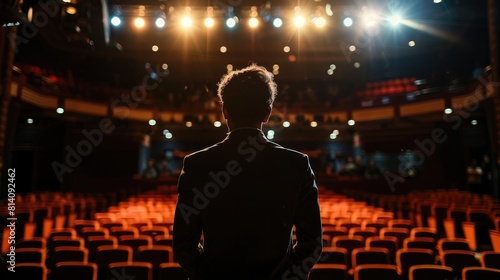 Speaker on stage, spotlight overhead, auditorium setting, close-up, intense focus, dramatic shadows