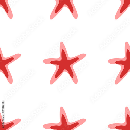 Seamless pattern of large isolated red starfish symbols. The elements are evenly spaced. Illustration on light red background