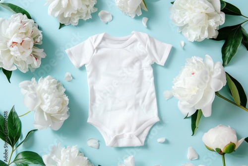 infant onesie mockup, white cotton short sleeve bodysuit for a baby boy is displayed on a light blue background with white peony flowers, newborn bodysuit template pictured, flat lay, top view photo