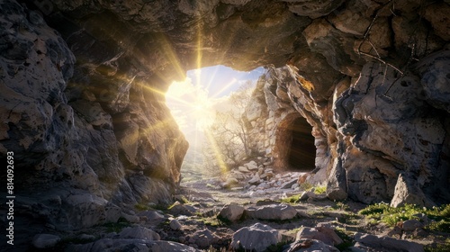 empty tomb with a stone cave and beams of light emanating from inside, Christian faith religious beliefs, Jesus resurrection after crucifixion
