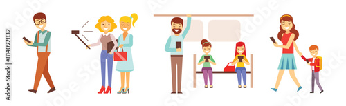 People Character Using Device and Gadget Vector Set