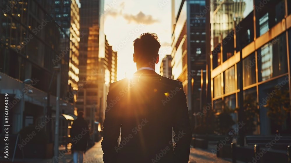 businessman in sunlight facing the cityscape businessman in sunlight facing the cityscape