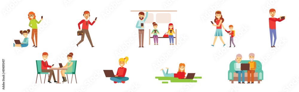 People Character Using Device and Gadget Vector Set People Character Using Device and Gadget Vector Set