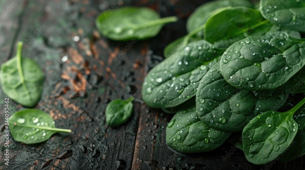Close-Up Shot of a Fresh Bunch of Raw Spinach Leaves Arranged on a Rustic Wooden Table with Water Droplets Highlighting Freshness - Oxalate Awareness Close-Up Shot of a Fresh Bunch of Raw Spinach Leaves Arranged on a Rustic Wooden Table with Water Droplets Highlighting Freshness - Oxalate Awareness
