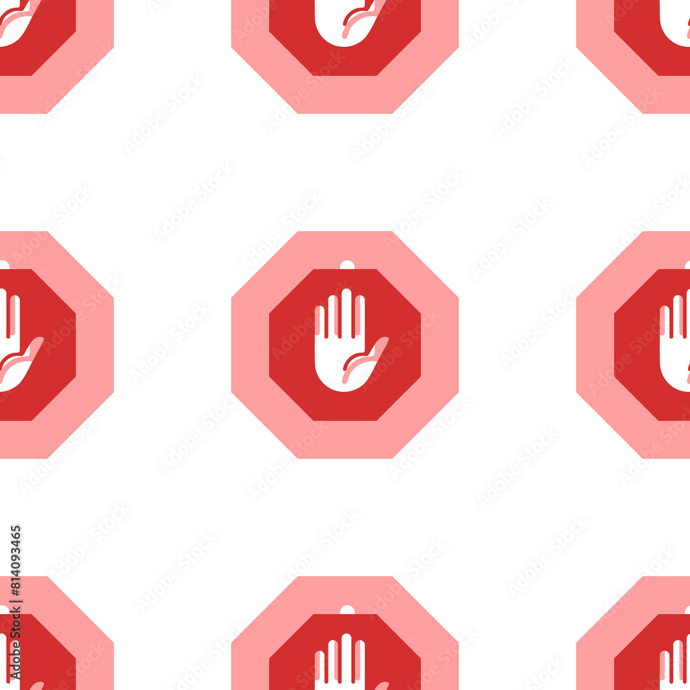 Seamless pattern of large isolated red stop hand symbols. The elements are evenly spaced. Illustration on light red background Seamless pattern of large isolated red stop hand symbols. The elements are evenly spaced. Illustration on light red background
