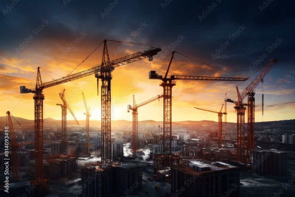 Monumental Tower cranes construction. High industrial building equipment machinery. Generate ai