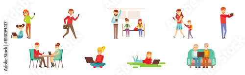 People Character Using Device and Gadget Vector Set