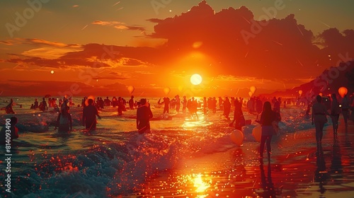 A group of people are gathered on a beach at sunset