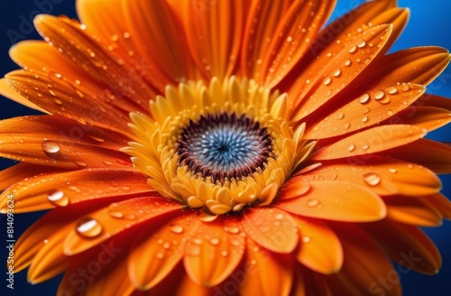 Orange gerbera with water droplets on a calm blue background in close-up.