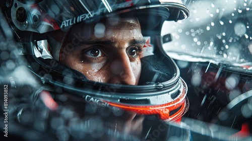 Closeup of an F2 race car driver in a helmet and racing suit, sitting inside the vehicle with a blurred background of rain falling on the window