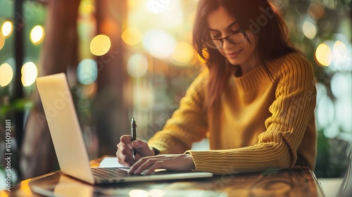 close up of woman writing on notebook with pen while using laptop computer for work at wooden table, light flare background 