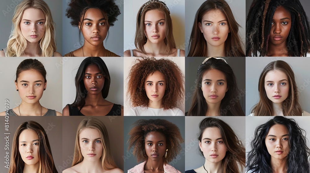composite portrait of mug shots of different serious young women headshots, including all ethnic