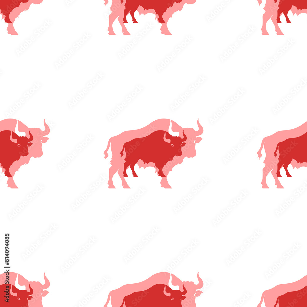 Seamless pattern of large isolated red buffalo symbols. The elements are evenly spaced. Illustration on light red background Seamless pattern of large isolated red buffalo symbols. The elements are evenly spaced. Illustration on light red background