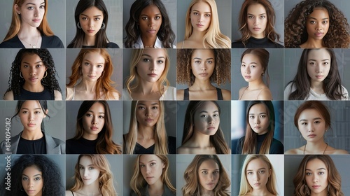 composite portrait of mug shots of different serious young women headshots, including all ethnic