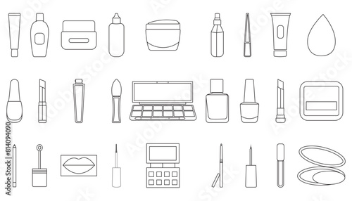 Cosmetics icon vector set. makeup illustration sign collection. woman beauty symbol or logo. Bundle of linear symbols of cosmetic bottles.