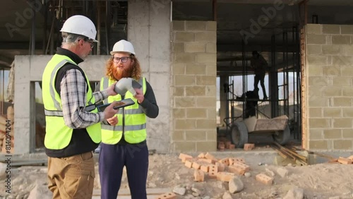 Supply inspector reprimands the foreman about poor-quality equipment while standing on a construction site with a digital tablet in his hand. photo