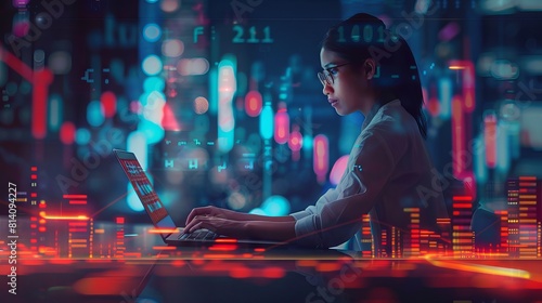 Data scientist, Programmer woman using laptop analyzing financial data on futuristic virtual interface. 
