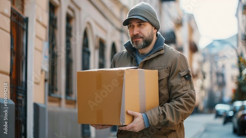 Delivery man delivering holding parcel box to customer his has uniform too  © Shahriyar