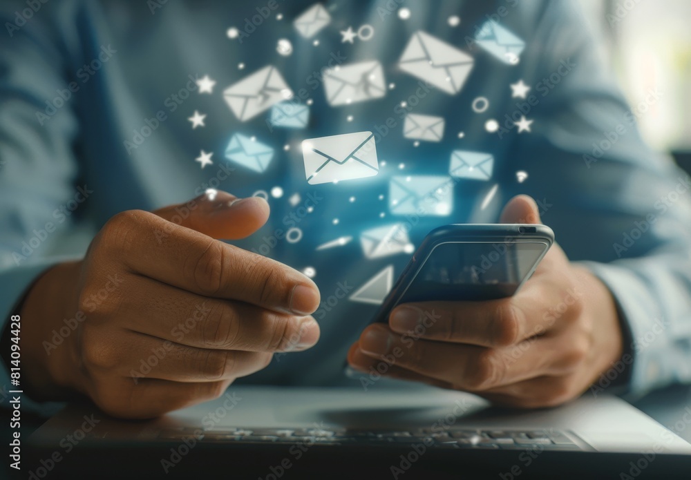 Businessman using a smartphone and laptop to express international communication receiving an email icon Businessman using a smartphone and laptop to express international communication receiving an email icon