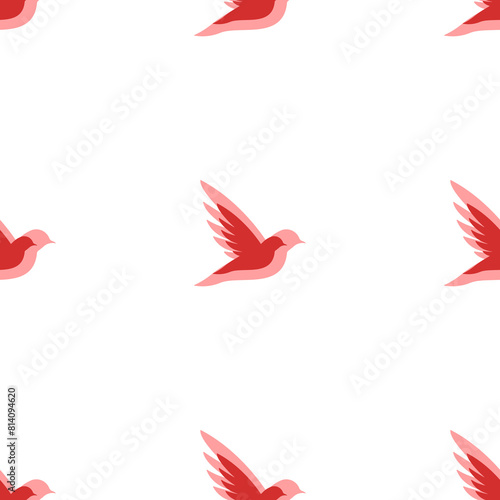 Seamless pattern of large isolated red bird symbols. The elements are evenly spaced. Illustration on light red background
