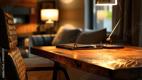 Designer showcase room with elegant upcycled wooden desk and spotlight