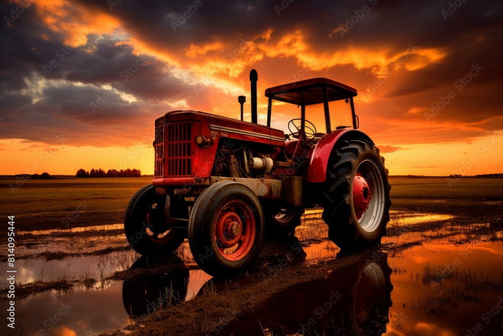 Obraz premium Agricultural Tractor field spraying sunset. Nature harvest. Generate Ai