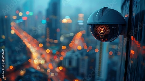 Detailed Close-Up of Dome Security Camera on Building with Blurred City Lights in Background