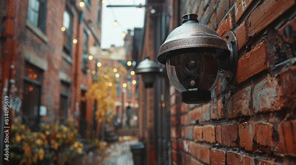 Intricate Textures of Surveillance Camera Mounted on Brick Wall Against Urban Backdrop Intricate Textures of Surveillance Camera Mounted on Brick Wall Against Urban Backdrop