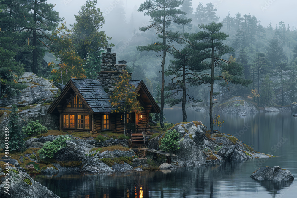 A cozy cabin nestled in the woods, surrounded by towering trees and tranquil nature. Concept of rustic charm and relaxation. Generative Ai. A cozy cabin nestled in the woods, surrounded by towering trees and tranquil nature. Concept of rustic charm and relaxation. Generative Ai.